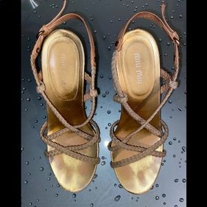 Miu Miu Gold Strap Macrame Braided Rope Sandals Heels Size 37.5